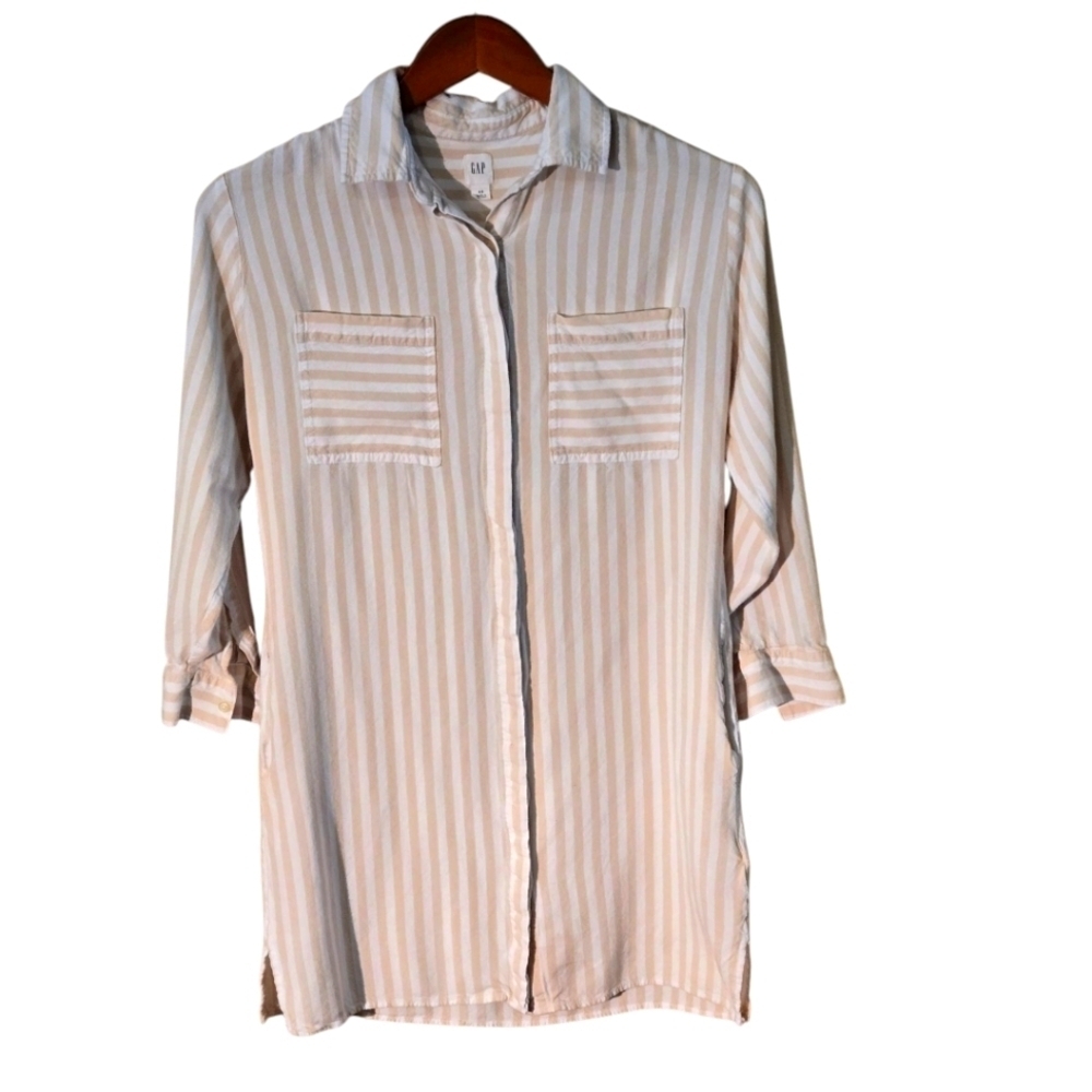 GAP Women's XS Striped Neutral Tan & White Tunic Shirt 3/4 Sleeve Coastal Beachy